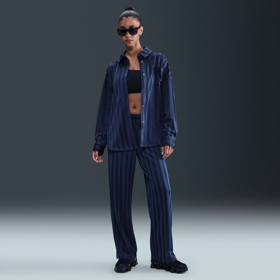 Jacquard Stripe Button-Down Kadın Mavi Gömlek