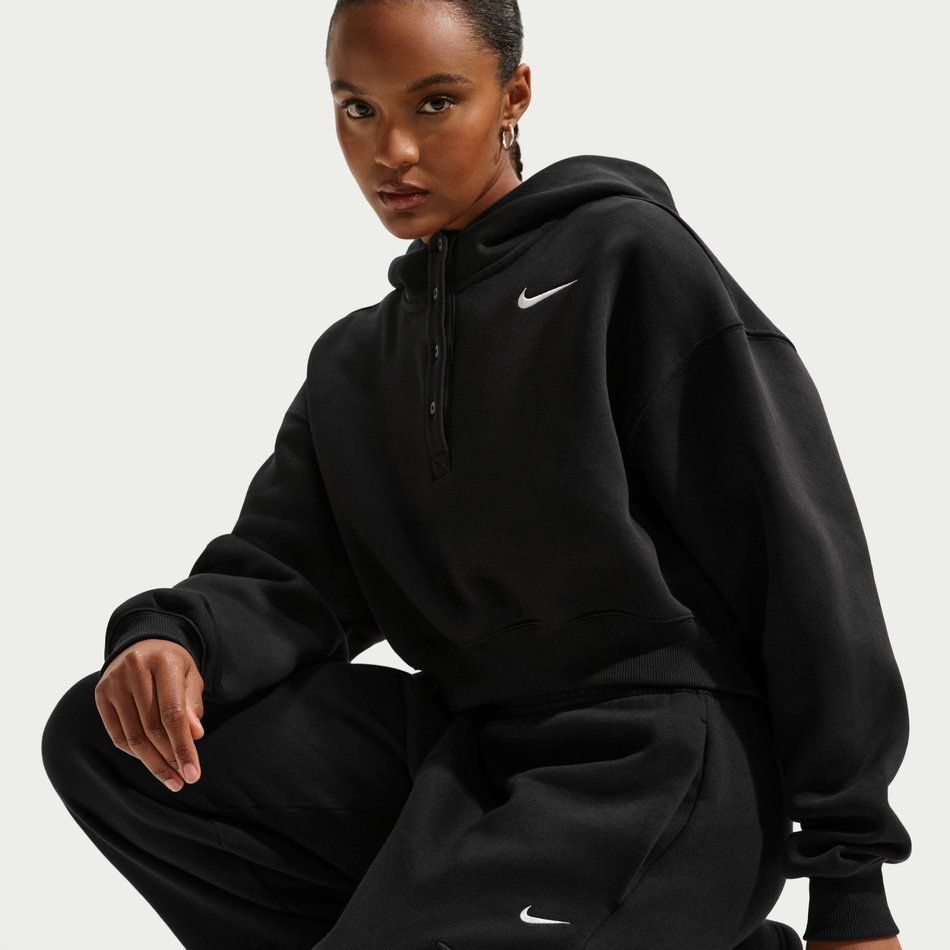 Phoenix Fleece Os Crop Henley Hoodie Kadın Siyah Sweatshirt