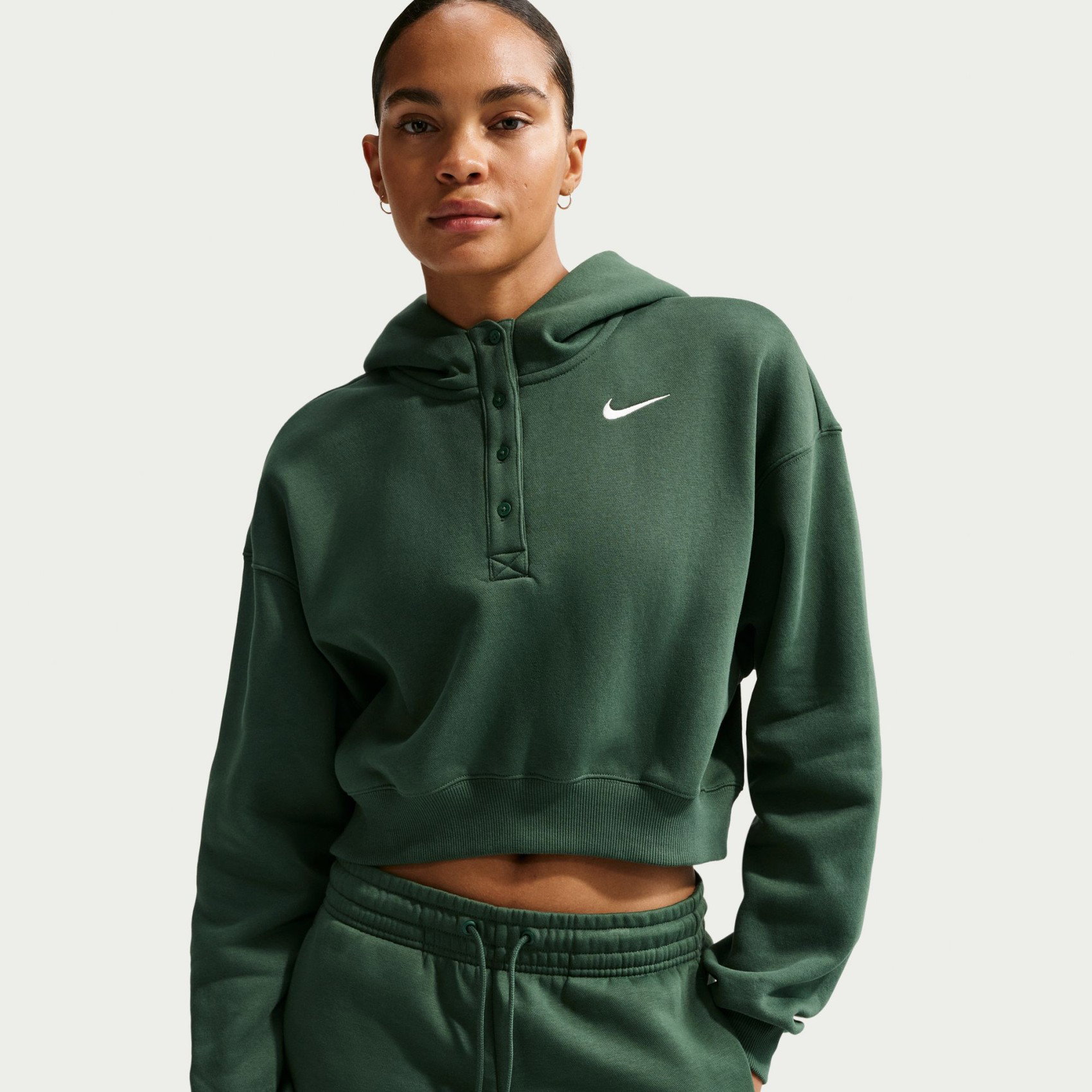 Nike Phoenix Fleece Os Crop Henley Hoodie Kadın Yeşil Sweatshirt