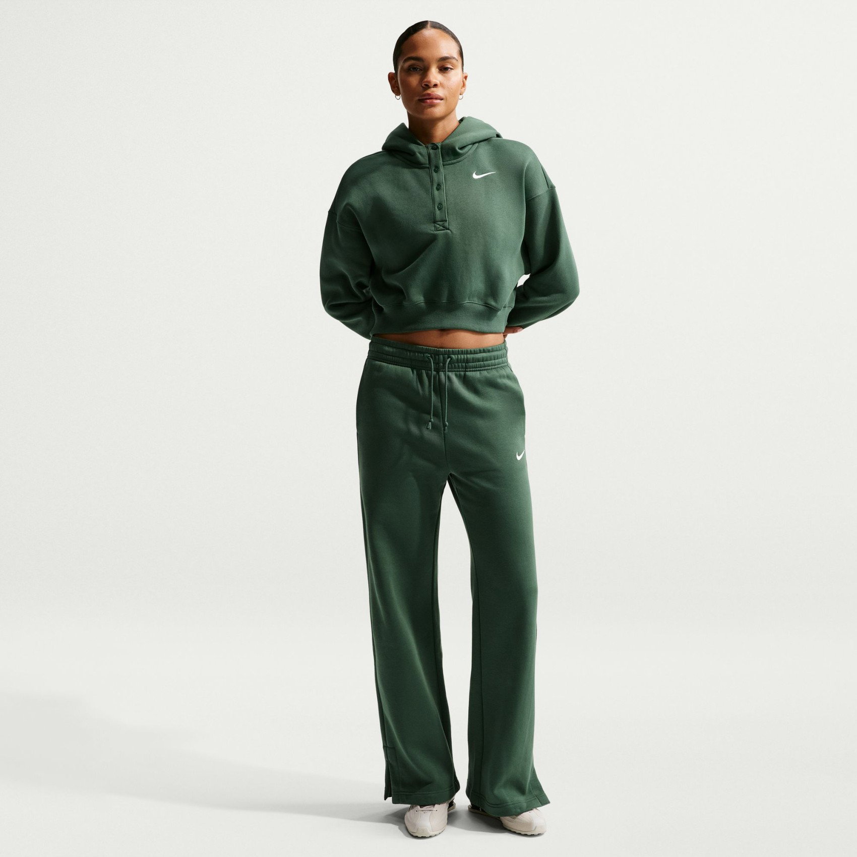 Nike Phoenix Fleece Os Crop Henley Hoodie Kadın Yeşil Sweatshirt