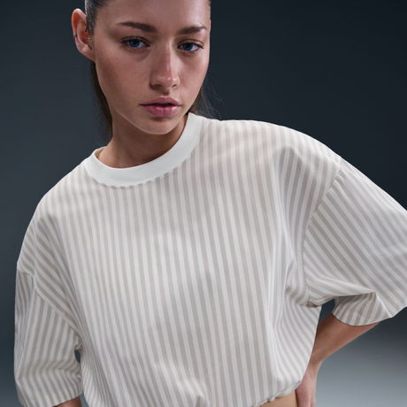 NIKE - Stripe Poplin Boxy Top Kadın Bej Tişört