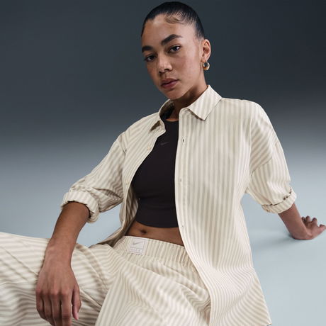 NIKE - Stripe Poplin Button-Up Kadın Bej Gömlek
