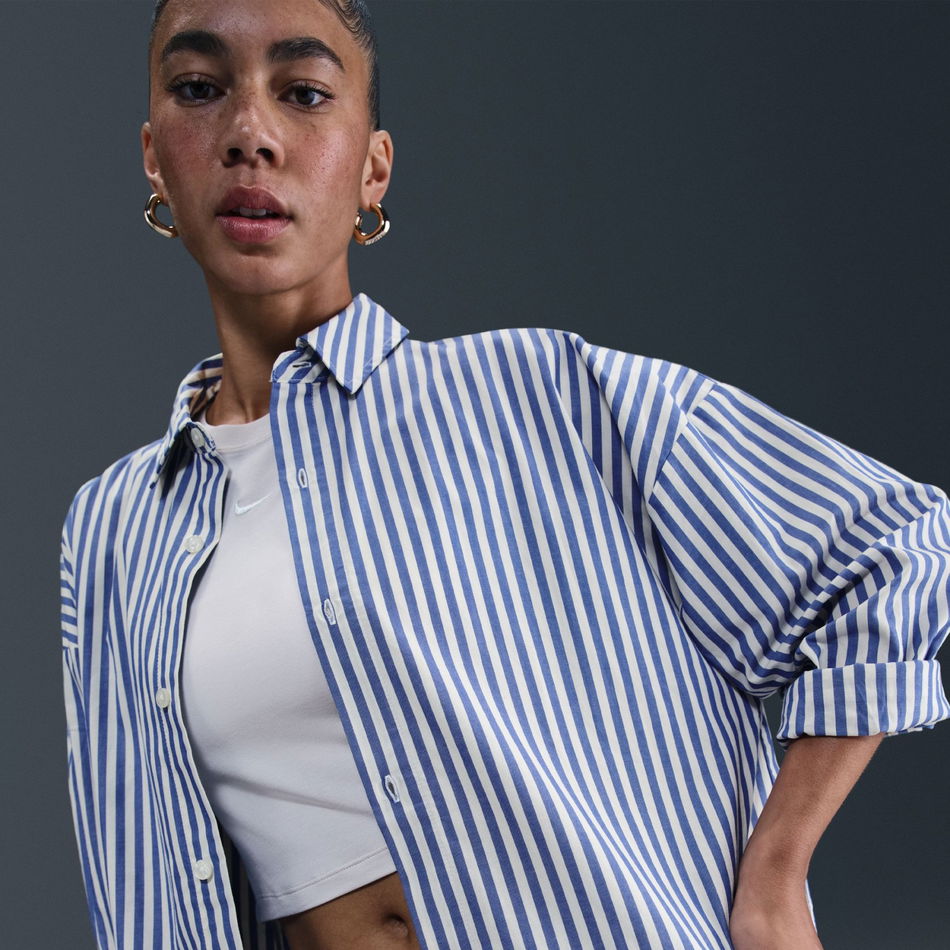 Stripe Poplin Button-Up Kadın Mavi Gömlek